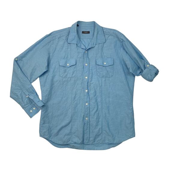 Saks Fifth Avenue Shirt Mens XL Extra Large Stratosphere Blue Linen Cotton Blend - Picture 1 of 13